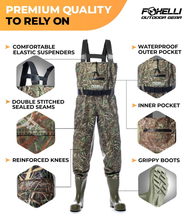 Foxelli Chest Waders â€“ Waterproof 2-ply Nylon/PVC Camo Hunting Fishing Waders for Men and Women with Boots - Image 4